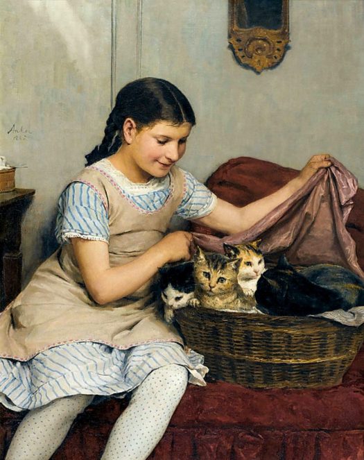 Albert-Anker- girls with kittens in basket 1862